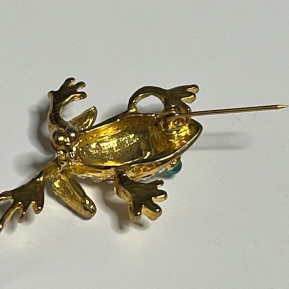 Clear Green Rhinestones Gold Tone Leaping Frog Brooch Pin 1.25" - Picture 11 of 14
